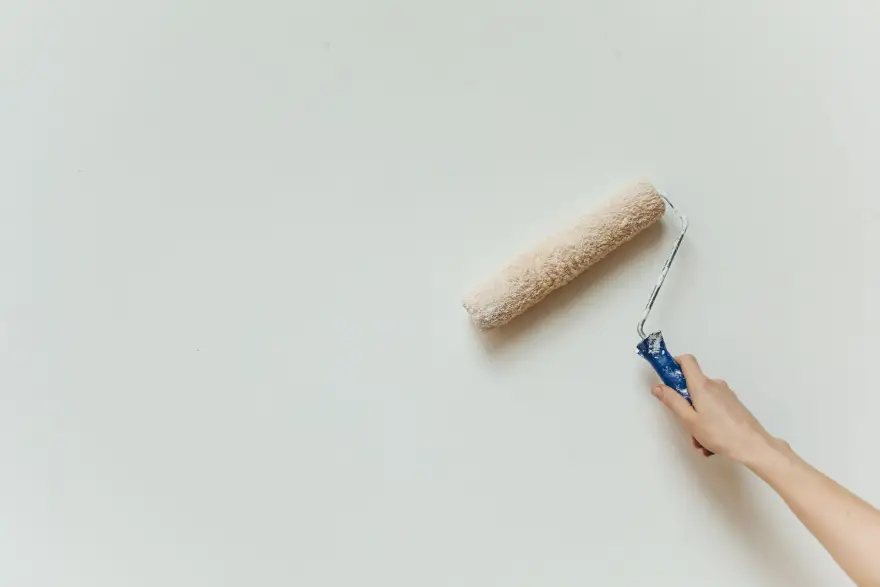 Mur repeint au rouleau lors d’un chantier de rénovation